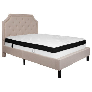 Flash Brighton Full Size Tufted Upholstered Platform Bed, Beige Fabric/Mem Foam