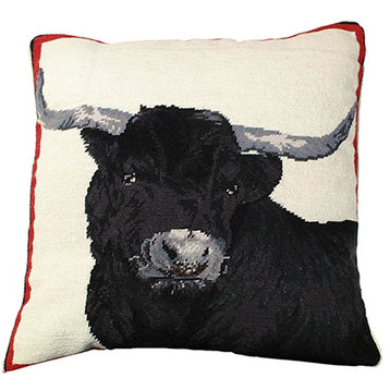 Throw Pillow Needlepoint Steer Cow 20x20 Black Wool Cotton Velvet