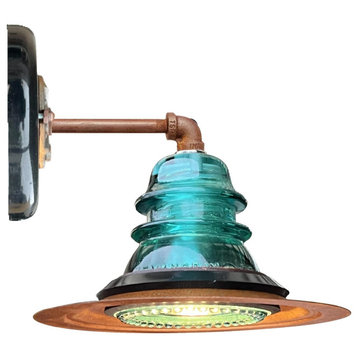 Insulator Light LED Sconce 7" Rusted Metal Hood, Blue/Green
