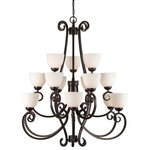 Forte Lighting, Inc. - 15-Light Chandelier, Antique Bronze - This Sutter chandelier is reminiscent of hand forged old world style wrought iron and comes in antique bronze finished steel. This hand made traditional style iron chandelier has a curved body and upward sweeping arms topped with bell shaped clear glass. This chandelier is suitable for dining rooms and foyers. These fixtures compliment traditional and Tuscan styled homes. This 15-light chandelier measures 42 in. L x 42 in. W x 48 in. H.. Medium Base Bulb, 60W max per bulb. This fixture is hardwired.  Bulbs are not included with the fixture.