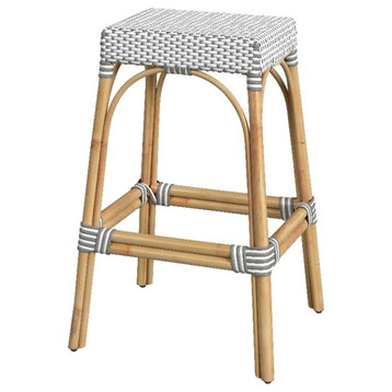 Home Square Rattan Backless Barstool in White and Gray - Set of 2