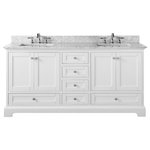 Ancerre Designs - Audrey Vanity Set, White, 60", Brushed Nickle Hardware, No Mirror - Reflecting beauty and elegance. The Audrey collection is an articulated French classic design that is skillfully handcrafted to perfection. From selecting quality wood and using the most durable soft-close hardware, no details were overlooked in crafting the Audrey 60 in. Vanity set. The vanity set includes a furniture style cabinet, imported Italian Carrara white marble top with a 4 in. Backsplash, wide rectangular under mount basin, solid wood dovetailed drawer boxes, soft-close doors & drawers and brushed nickel hardware. Complete the look with our LED and framed mirrors which are sold separately.
