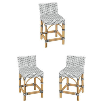 Home Square 24.5" Rattan Low Back Counter Stool in White & Black - Set of 3