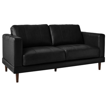 Modern Loveseat, Genuine Leather Upholstered Seat & Stitched Accents, Black