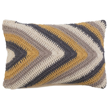 Cotton Crocheted Lumbar Pillow with Chevron Pattern, Multicolor