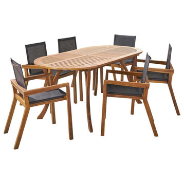 GDF Studio Pitts Patio 6-Seater Oval Acacia Wood Dining Set With Mesh Seats, Tea