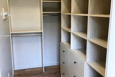 Photo of a modern storage and wardrobe in Portland Maine with flat-panel cabinets, light wood cabinets and medium hardwood floors.