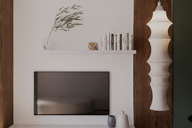 Esempio di un piccolo soggiorno minimalista con pareti bianche, pavimento in gres porcellanato, pavimento bianco e boiserie