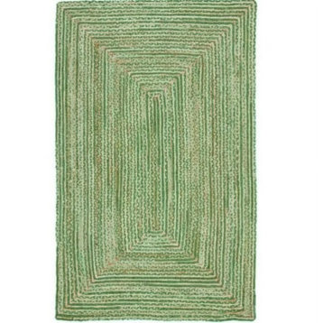 Farmhouse Area Rug, Hand Woven Natural Jute With Green Tone Cotton, 4' X 10'