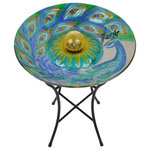 Teamson Home - Solar Bird Bath Lights Outdoor Glass Peacock - Provide a gathering space in your backyard for your feathered friends with the Teamson Home 18" Outdoor Solar Glass Peacock Birdbath with LED Lights and Stand. This colorful glass birdbath provides a sanctuary for all types of birds while also adding a pop of color to your outdoor living space, yard, or lawn. Featuring a multi-colored design with a stunning peacock, this stylish lawn decoration creates visual interest in your outdoor area. Fill this birdbath with water or with seed to transform it into a colorful feeder. This birdbath also includes a solar cell that charges during the day and lights up the built-in LEDs at night to illuminate your garden. Constructed from sturdy and resilient glass with an included metal stand, the bird bowl is built for years of quality outdoor use. The sturdy metal legs provide stability and prevents tipping when multiple birds gather on the bowl. For easy setup, teardown, and storage when not in use, the metal stand can fold down to a compact size. This peacock birdbath is both stylish and functional, and it provides a fun addition to your courtyard, patio, or yard. This compact birdbath measures 18"L x 18"W x 21.2"H to fit almost any outdoor area and step-by-step instructions are included for easy assembly.