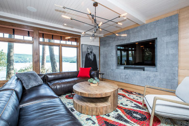 Example of a mid-sized trendy medium tone wood floor and brown floor living room design in Other with white walls and no fireplace