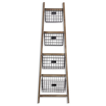 Wooden Storage Ladder with 4 Baskets