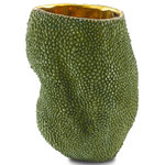 Currey & Company - Jackfruit Small Vase - Our Jackfruit decorative vessels include the Jackfruit Small Vase that is made from a lost-wax process so it reads as if it is covered in the skin of the jackfruit. The inside of each bronze vase is a brilliant gold made of polished solid bronze, which will need to be cleaned from time to time to maintain its sheen. These green decorative vessels are water tight so they will not leak.