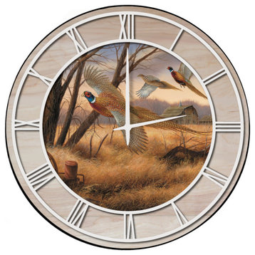 Wall Clock With Woodgrain Accent, Prairie Wings, White Numbers, 24"x24"