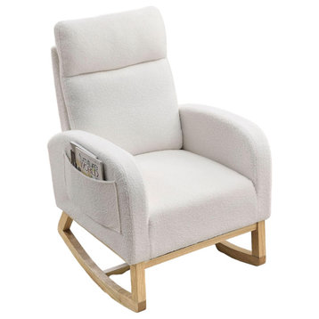 Modern Rocking Chair, Teddy Fabric Seat & Rounded Arms With Pockets, White