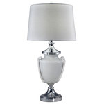 Dale Tiffany - Alaska LED Hand Blown Art Glass Table Lamp - The sleek lines and monochromatic beauty of our Alaska Table Lamp will invigorate any decor in your home or office. The center column features a large urn crafted of glacial white art glass. Clear crystal sidepieces add an extra textural element. The urn sits atop a generously sized metal pedestal, finished in cool Polished Chrome. The whole fixture is mounted on a large pedestal round in white glass to match the urn. A vase cap in matching Polished Chrome atop the urn balances the overall design. St Regis is topped with an elegant shade is crisp white that will beautifully diffuse the light from the included dimmable LED module. Our Alaska Table Lamp makes a dramatic statement when displayed in pairs on matching end tables or nightstands that your family will enjoy for many years to come. UL approved for dry enviroments, uses dimmer switch, plug in. Uses 1 bulb,  Dimmable LED Module 560 Lumen, 7.5W (Equivalent to 60W Incandescent with 35,000 hour warranty) (LED module included).