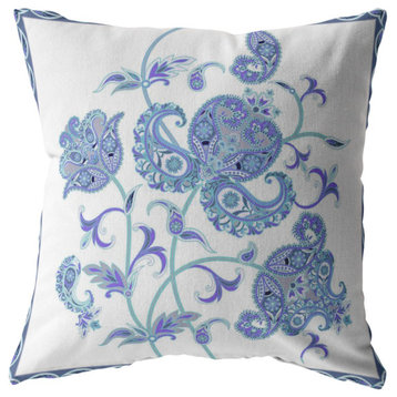 16" Blue White Wildflower Suede Throw Pillow