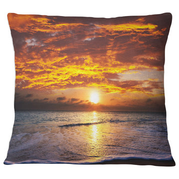 Yellow Sunset above Foaming Waves Modern Beach Throw Pillow, 16"x16"