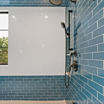 Incredible Blue & White Bath With Wall Bench & Steam Shower