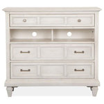 Magnussen - Magnussen Newport Media Chest in Alabaster - Inspired by the architecture and landscape of California Wine Country, the Newport bedroom collection exudes the ambience of laid-back luxury. Crafted of high-low Pine and Hardwood Solids, the soft Alabaster finish and Brushed Pewter hardware mix effortlessly with graceful turned legs and designer details to create a look that is bold yet inviting. Adding a casual and coastal resort flair, Shutter wood doors are used on select pieces. Crisp and updated, Newport promises long-lasting design and sturdy construction for any relaxed setting.