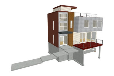 Example of a large minimalist gray three-story wood flat roof design in Seattle