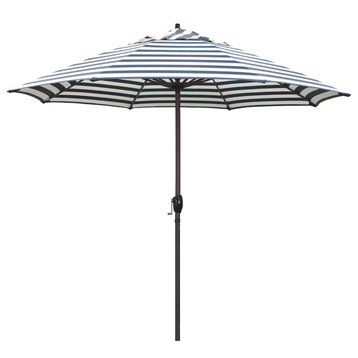 9' Aluminum Market Umbrella Auto Tilt Bronze, Olefin, Navy White Cabana Stripe