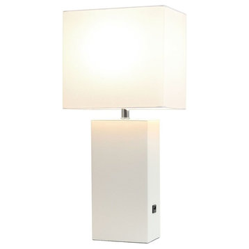 Elegant Designs Modern Leather Table Lamp With Usb and White Shade, White