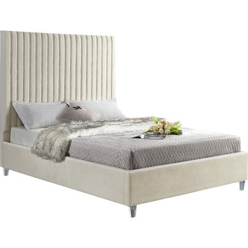 Candace Velvet Upholstered Bed, Cream, Full