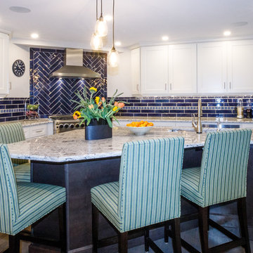 Coastal Navy & White Kitchen Remodel | Quartz Island & Herringbone Tile