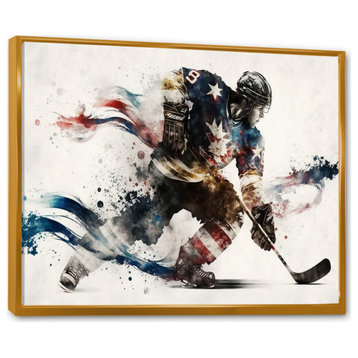 Usa Hockey Player In Action VI Framed Canvas, 20x12, Gold