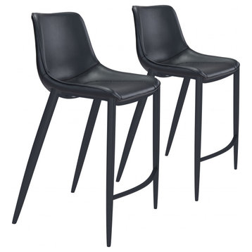 Set of Two Black Faux Leather Modern Stitch Bucket Bar Chairs