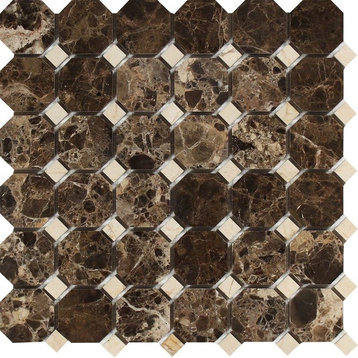 Emperador Dark Spanish Polished Marble Octagon Mosaic With C. Marfil Dots