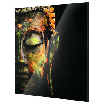 Colorful Buddha Face Glossy Lacquer Canvas Wall Art Print 30" x 30"