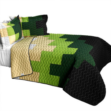 Evergreen Tree 3PC Brand New Vermicelli-Quilted Patchwork Quilt Set Full/Queen