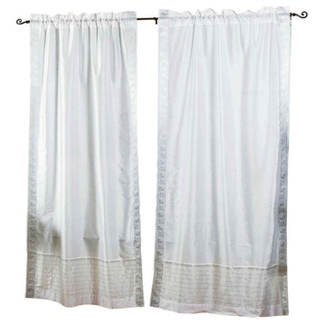 White Silver Rod Pocket Sheer Sari Cafe Curtain / Drape / Panel-43W x 24L-Pair