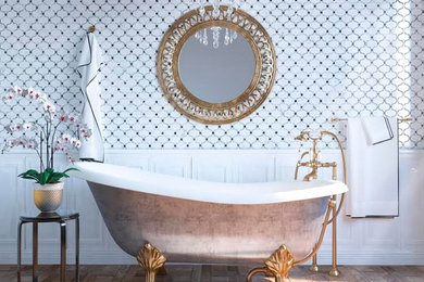 Example of a large eclectic master white tile and mosaic tile medium tone wood floor and brown floor claw-foot bathtub design in Los Angeles with a two-piece toilet and white walls