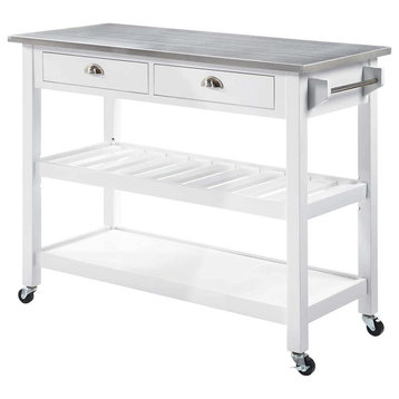 Contemporary Kitchen Island, Rubberwood Frame & Stainless Steel Top, White