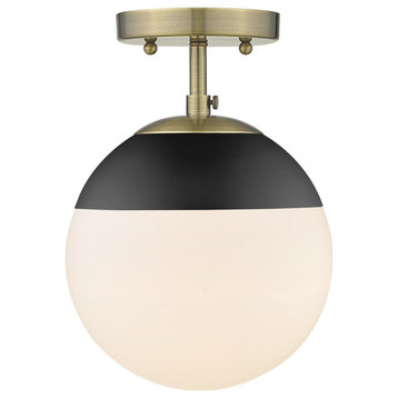 Dixon Semi-Flush in Aged Brass with Opal Glass and Black Cap