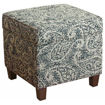 Paisley Pattern Fabric Upholstered Wooden Ottoman With Lift Off Top, Blue & Gray