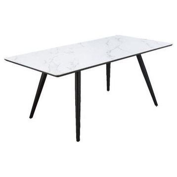 Mid Century Dining Table, Angled Legs With Faux Marble Top, Black & White Finish