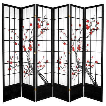 7' Tall Cherry Blossom Shoji Screen, Black, 6 Panels