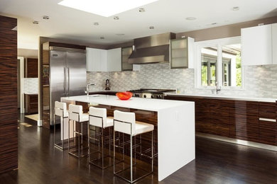 Large modern l-shaped separate kitchen in Miami with an undermount sink, flat-panel cabinets, dark wood cabinets, solid surface benchtops, multi-coloured splashback, stainless steel appliances, dark hardwood floors, with island and brown floor.