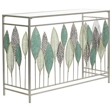 Contemporary Console Table, Unique Leaves Design With Rectangular Glass Top