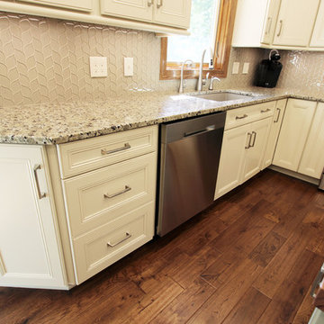 Cream  Kitchen with Green Island with Butcher Block Countertop