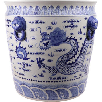 Planter Vase Dragon Lion Handle Blue White Porcelain