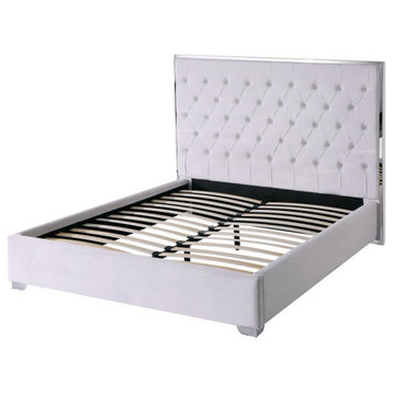 Kressa Velvet Fabric Tufted King Platform Bed in Cream