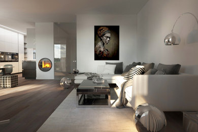На фото: объединенная гостиная комната в белых тонах с отделкой деревом в современном стиле с белыми стенами, темным паркетным полом, печью-буржуйкой, фасадом камина из металла, отдельно стоящим телевизором, зоной отдыха и коричневым полом с