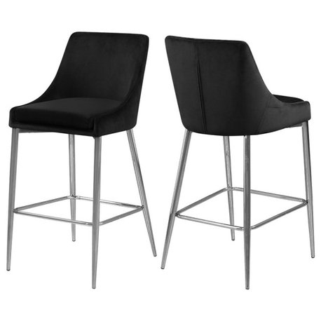 Karina Velvet Stool (Set of 2), Black, Chrome Base