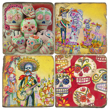 Tumbled Marble Coaster St/4 With Coaster Stand, Day Of The Dead