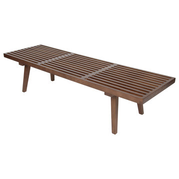 LeisureMod Mid-century Modern Inwood 5 Slat Platform Wooden Bench, Light Walnut